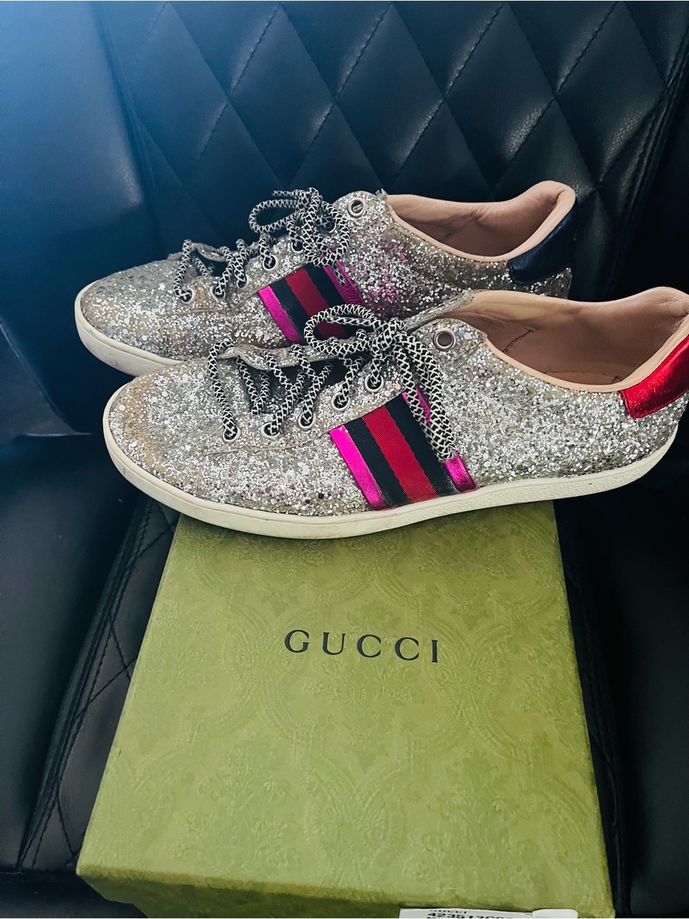 Gucci Silver Glitter Sneakers with Pink & Black Web Stripe